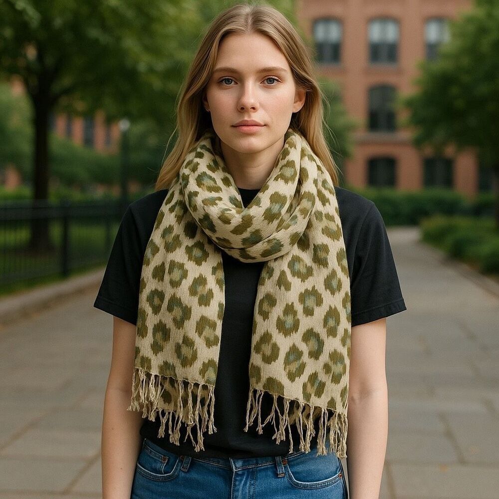 J. Crew Women's Abstract Ikat Print Fringe Linen Blend Wide Scarf Cream Green OS